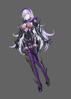 1girl absurdres black_corset bodysuit bondage_outfit boots breasts commentary_request commission corruption corset dissolving_clothes full_body grey_background grey_hair highres juliet_sleeves lace-up_boots latex latex_bodysuit long_hair long_sleeves looking_down maid_headdress medium_breasts nipples original puffy_sleeves purple_eyes pussy second-party_source see-through_bodysuit see-through_clothes shen_hai_ichigo shiny_clothes smile solo tentacles thigh_boots variant_set very_long_hair wide-eyed wrist_cuffs