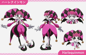 black_sclera colored_sclera digimon digimon_(creature) harlequin hat looking_at_viewer loyaldis open_mouth oridigi original pink_hair smile