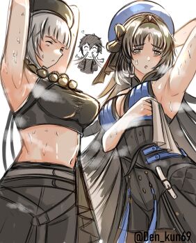 1boy 2girls absurdres arms_up beret black_eyes black_hair black_hat black_pantyhose black_shirt black_skirt breasts cleavage closed_eyes commentary crop_top den_kun69 english_commentary feather_hair grey_hair hair_intakes hat high-waist_skirt highres long_hair looking_at_viewer male_rover_(wuthering_waves) medium_breasts multiple_girls navel pantyhose parted_bangs rover_(wuthering_waves) sanhua_(wuthering_waves) shirt short_hair simple_background skirt steaming_body stomach sweat tacet_mark_(wuthering_waves) twitter_username very_long_hair white_background wuthering_waves yangyang_(wuthering_waves)