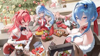1other 3girls absurdres aegis_(nikke) alcohol anchor_(nikke) arm_warmers beer beer_mug bird blue_eyes blue_hair breasts cake camera christmas christmas_tree cinderella_(nikke) cleavage commander_(nikke) commentary_request cup doro_(nikke) dorothy_(nikke) dress drinking_glass earrings food glasses goddess_of_victory:_nikke hair_ornament helm_(nikke) highres holding holding_camera holding_cup jewelry large_breasts long_hair mast_(nikke) medium_breasts meraring morgan_(nikke) mug multiple_girls omelet omurice pink_hair pov pov_hands red_dress short_hair skull_hair_ornament smile strawberry_cake sushi very_long_hair white_arm_warmers wine_glass