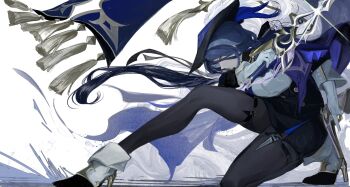 1girl absolution_(genshin_impact) antique_firearm ascot black_corset blue_cape blue_hair breasts cape clorinde_(genshin_impact) co6_3g corset epaulettes fighting_stance firearm fold-over_gloves framed_breasts genshin_impact gun hat hat_feather high_heels highres large_breasts long_hair pencil_skirt purple_ascot purple_eyes shirt simple_background skirt solo squatting taut_clothes taut_shirt tricorne very_long_hair weapon white_background