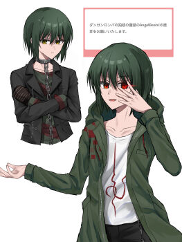 Rule 34 | 1boy, :d, absurdres, angel beats!, black jacket, chain, closed mouth, collarbone, commentary, cosplay, cowboy shot, cropped torso, crossed arms, danganronpa (series), danganronpa 2: goodbye despair, danganronpa another episode: ultra despair girls, eyes visible through hair, fan request, glowing, glowing eyes, green hair, green jacket, green shirt, hair between eyes, hands up, highres, hood, hood down, hooded jacket, jacket, komaeda nagito, komaeda nagito (cosplay), long sleeves, looking at viewer, male focus, multiple views, naoi ayato, ogata megumi, open clothes, open jacket, open mouth, red eyes, request inset, shirt, short hair, smile, split mouth, striped clothes, striped shirt, translation request, tsurime, upper body, user vkcr5455, voice actor connection, white shirt, yellow eyes