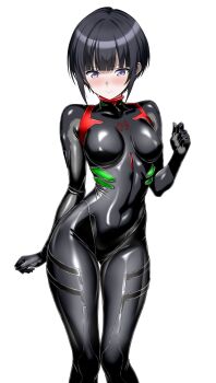 Rule 34 | 1girl, ayanami rei, ayanami rei (cosplay), black bodysuit, black hair, bodysuit, breasts, commentary request, cosplay, covered navel, cyborg-institute, highres, idolmaster, idolmaster cinderella girls, impossible bodysuit, impossible clothes, mecha pilot suit, medium breasts, neon genesis evangelion, plugsuit (evangelion), purple eyes, rebuild of evangelion, shiny clothes, shirayuki chiyo, short hair, skin tight, solo, standing, very short hair, white background