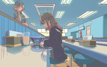 2girls anjuro_zeeku blue_jacket bowl brown_hair commentary english_commentary girls_band_cry grey_skirt hair_between_eyes highres hina_(girls_band_cry) indoors jacket long_hair_between_eyes long_sleeves medium_hair multiple_girls rupa_(girls_band_cry) short_hair skirt wet wet_hair yoshinoya_(restaurant)