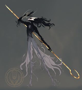 1other absurdres black_eyes commentary demgozellegs english_commentary grey_background highres holding holding_weapon hollow_knight hollow_knight:_silksong looking_up other_focus phantom_(hollow_knight) pin_(hollow_knight) standing weapon white_mask