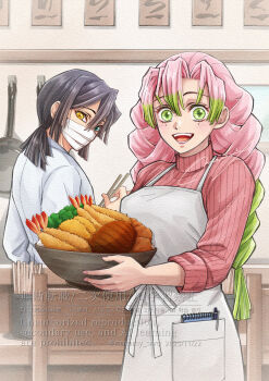1boy 1girl :d apron bandages blush braid breasts chopsticks covered_mouth food gradient_hair green_eyes green_hair highres holding holding_chopsticks holding_food iguro_obanai kanroji_mitsuri kimetsu_no_yaiba large_breasts long_hair looking_at_viewer mammy_sryo mole mole_under_eye multicolored_hair open_mouth pink_hair pink_sweater smile sweater teeth tongue two-tone_hair watermark white_apron yellow_eyes