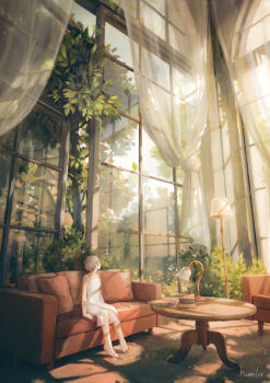 1girl absurdres bare_shoulders barefoot book breasts bush commentary_request couch curtains day dress facing_away foliage glass_door glass_wall highres indoors lamp looking_back nao1524 on_couch original scenery short_hair signature sitting sleeveless sleeveless_dress small_breasts solo sunlight table tree white_dress white_hair window window_shadow