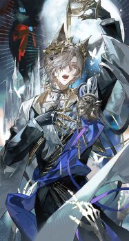 1boy ancient_greek_clothes animal_ears arknights arm_up ascot black_cat black_choker black_coat black_gloves black_jacket black_necktie black_pants blue_sash bow brooch brown_hair bug butterfly cable castle cat cat_boy cat_ears chalice choker claw_ring coat collarbone commentary cowboy_shot cropped_jacket cup disembodied_hand fangs full_moon gloves greco-roman_clothes grey_shawl hair_over_one_eye hand_on_own_chest highres himation holding holding_cup insect jacket jewelry laurel_crown liquid long_sleeves looking_at_viewer male_focus material_growth miss_christine_(arknights) moon multiple_rings necktie one_eye_covered open_clothes open_jacket open_mouth oripathy_lesion_(arknights) pants phantom_(arknights) pouring pouring_onto_self puritan_collar purple_ribbon reaching reaching_towards_another red_bow ribbon ring sash scar scar_on_neck shawl short_hair skeletal_arm slit_pupils solo sqloveraven standing sunburst symbol-only_commentary tragodia_(arknights) white_ascot white_butterfly yellow_eyes zipper