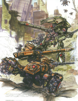 1980s_(style) aiming aircraft armor assault_rifle building cable cannon concept_art copyright_request exoskeleton flying gun highres kawamori_shouji machine_gun machinery marker_(medium) mecha military_vehicle missile_pod motor_vehicle oldschool power_armor retro_artstyle rifle robot ruins scan science_fiction sketch soldier tank traditional_media walker_(robot) weapon