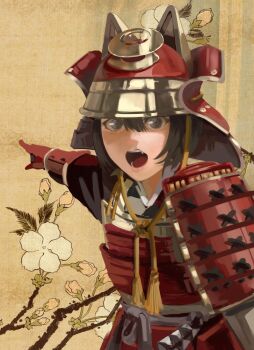 1girl absurdres armor black_eyes black_hair commentary commission dana_(ocana_dana) english_commentary helmet highres japanese_armor japanese_clothes kabuto_(helmet) katana kote meme menpoo original pointing pointing_backward samurai sheath sheathed short_hair shoulder_armor sode solo sword tassel two_soyjaks_pointing_(meme) upper_body weapon yellow_background