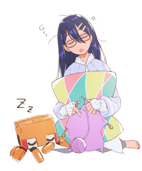 1girl blue_hair closed_eyes commentary_request conch_(gundam) eitopondo glasses gundam gundam_gquuuuuux hair_ornament hairclip highres knitting knitting_needle long_hair long_sleeves needle nyaan_(gundam_gquuuuuux) pillow robot simple_background sitting sleepy solo toes white_background yarn yarn_ball zzz