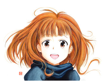 Rule 34 | 1girl, :d, beatrice (princess principal), brown eyes, brown hair, medium hair, open mouth, painting (medium), portrait, princess principal, smile, solo, traditional media, watercolor (medium), white background, y takeshinu wan