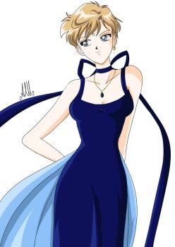 anello81 bishoujo_senshi_sailor_moon blonde_hair blue_dress dress earrings highres jewelry long_skirt sailor_uranus shirt_hair skirt ten&#039;ou_haruka