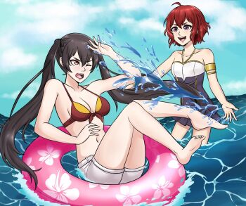 2girls alisa_(vallurite) alternate_costume arm_up barefoot bikini black_hair black_one-piece_swimsuit breasts cleavage female_morgan_(fire_emblem) fire_emblem fire_emblem_awakening highres innertube legs_up long_hair medium_breasts multiple_girls navel nintendo one-piece_swimsuit one_eye_closed open_mouth red_bikini red_hair severa_(fire_emblem) short_hair siblings sisters small_breasts smile splashing swim_ring swimsuit thighs twintails water