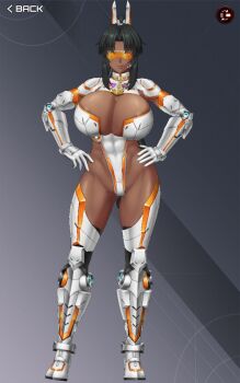 1girl 3d action_taimanin alternate_costume armor black_hair breasts cleavage curvy dark-skinned_female dark_skin elbow_gloves female_focus gloves grey_background hands_on_own_hips high_ponytail highleg highleg_leotard huge_breasts impossible_clothes impossible_leotard leotard lilith-soft lips long_hair looking_at_viewer mirabell_bell muscular muscular_female narrow_waist official_alternate_costume orange_eyes ponytail revealing_clothes ryona shiny_skin sideboob solo taimanin_(series) thighs thong_leotard very_long_hair visor_(armor) white_leotard