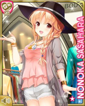 1girl :d bow breasts brown_eyes card_(medium) day girlfriend_(kari) grey_jacket indoors jacket large_breasts light_brown_hair long_hair looking_at_viewer official_art open_mouth pink_shirt qp:flapper sasahara_nonoka shirt shorts smile standing store tagme white_shorts