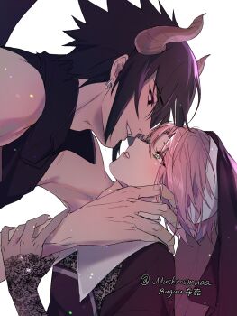 1boy 1girl bare_shoulders black_dress black_eyes black_hair black_vest blush couple demon_horns dress earrings green_eyes hair_between_eyes hand_in_another&#039;s_hair hand_on_another&#039;s_neck haruno_sakura hetero highres holding_another&#039;s_wrist horns jewelry lace lace_sleeves looking_at_another mushroomuaa naruto_(series) nun parted_bangs parted_lips pink_hair popped_collar short_hair smile spiked_hair twitter_username uchiha_sasuke upper_body vest white_background