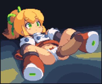 1boy 1girl animated animated_gif blonde_hair blush blush_stickers boots cameltoe cleft_of_venus close-up clothed_sex clothes_lift cum cum_in_pussy cum_pool cumdrip disembodied_penis dress dress_lift ejaculation flat_chest gaping green_eyes half-closed_eyes hetero kyrieru loli lowres lying m_legs mega_man_(classic) mega_man_(series) mega_man_11 mega_man_8 missionary navel on_back open_mouth orgasm panties penis pixel_art pixelated poking ponytail pussy roll_(mega_man) rolling_eyes sex spread_legs thick_eyebrows torn_clothes torn_panties trembling uncensored underwear vaginal white_panties