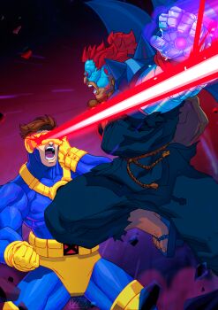 Rule 34 | 2boys, akuma (street fighter), angry, attack, battle, brown hair, capcom, cyber-akuma, cyborg, cyclops (x-men), eye beam, gloves, highres, jumping, laser, marvel, marvel super heroes vs. street fighter, marvel vs. capcom, multiple boys, red eyes, red hair, street fighter, x-men