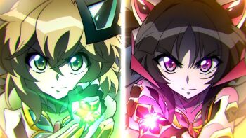 2girls akatsuki_kirika black_hair blonde_hair bodysuit clenched_hand frown green_bodysuit green_eyes headgear looking_at_viewer multiple_girls pink_bodysuit pink_eyes rice_kobayashi senki_zesshou_symphogear serious short_hair split_screen symphogear_pendant tsukuyomi_shirabe two_side_up