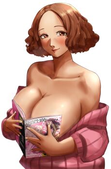 1girl absurdres alternate_breast_size bare_shoulders blush boobs_in_book_(meme) book book_on_breasts breast_press breasts brown_hair cleavage clothes_pull covering_breasts covering_privates forehead highres huge_breasts meme okumura_haru persona persona_5 ribbed_sweater smile sweater sweater_pull teasing xiiicaelum