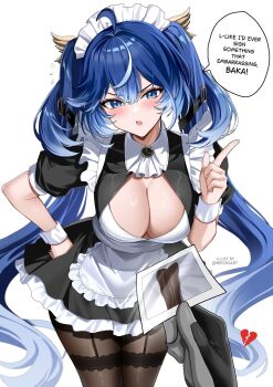 1boy 1girl ahoge alternate_costume black_dress black_pantyhose blue_eyes blue_hair blush breasts broken_heart cleavage commentary dress english_commentary english_text enmaided fingernails hair_belt hand_on_own_hip heart highres hiroki_(hirokiart) index_finger_raised iuno_(wuthering_waves) large_breasts leaning_forward long_hair looking_at_viewer maid maid_headdress male_rover_(wuthering_waves) multicolored_hair open_mouth pantyhose pov pov_hands romaji_text rover_(wuthering_waves) streaked_hair twintails very_long_hair wrist_cuffs wuthering_waves