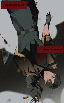 bat_signal batman_(series) batman_symbol black_bodysuit black_gloves black_hair blue_eyes bodysuit brown_jacket dc_comics gloves grey_bodysuit highres jacket jason_todd jasonjoayo male_focus multicolored_bodysuit muscular muscular_male open_clothes pants red_hood_(dc) red_hood_and_the_outlaws short_hair superhero_costume taut_bodysuit two-tone_bodysuit