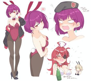 3girls ahoge animal_ears asami_makiko_(heaven_burns_red) blonde_hair breasts commentary_request eyepatch green_eyes hat heaven_burns_red highres medium_breasts military_hat multiple_girls nanase_nanami_(heaven_burns_red) playboy_bunny purple_hair rabbit_ears randayo_sasaki red_eyes short_hair tezuka_saki