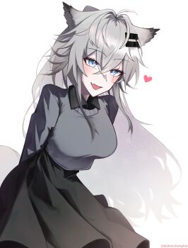 Rule 34 | 1girl, :d, absurdres, alternate costume, animal ears, arknights, arms behind back, black skirt, black sweater, blue eyes, blush, commentary, crossed bangs, english commentary, fang, grey hair, hair between eyes, heart, highres, lappland (arknights), long hair, long sleeves, looking at viewer, open mouth, radish (daikonchamma), scar, scar across eye, scar on face, simple background, skin fang, skirt, smile, solo, sweater, twitter username, white background, wolf ears, wolf girl
