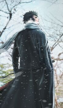 1boy black_coat black_hair coat cold commentary_request fate/grand_order fate_(series) from_behind game_cg hands_in_pockets hijikata_toshizou_(fate) hijikata_toshizou_(over_the_same_sky)_(fate) katana long_sleeves male_focus official_alternate_costume official_art outdoors photo_background scarf sheath sheathed short_hair sideburns snow snowing solo sword third-party_source weapon yogo_yuuki