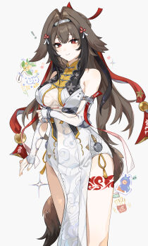 1girl absurdres breasts brown_hair chibi china_dress chinese_clothes cloud_print commentary_request dress droopy_ears gradient_hair hair_ornament headband highres horse_girl leg_tattoo light_smile medium_breasts multicolored_hair red_eyes red_ribbon ribbon sleeveless tail tattoo umiinu_(umi_inu11) ye_shunguang zenless_zone_zero