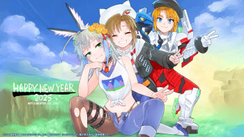 1boy 1girl 1other 2025 bare_shoulders black_collar black_hat black_jacket black_pantyhose blaster_master_zero blaster_master_zero_3 blonde_hair blue_bodysuit blue_hair blue_hat blue_pants blue_snake bodysuit brother_and_sister brown_hair closed_eyes collar denim elfie_frudnick english_text flower green_eyes grey_hair group_picture hair_flower hair_ornament happy_new_year hat highres jacket jao_(blaster_master_zero) leibniz_(blaster_master) medium_hair midriff mole mole_under_eye multicolored_hair nail_polish navel new_year official_art outdoors pants pantyhose red_bodysuit roddy_frudnick rose scar scar_on_face shirt short_hair siblings tied_shirt torn_clothes torn_pantyhose two-tone_hair v white_shirt yellow_flower yellow_rose