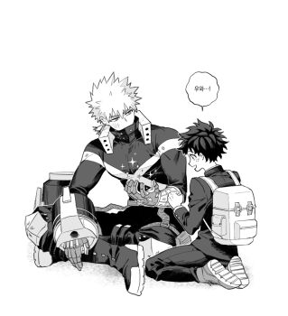 2boys arm_up backpack bag bakugou_katsuki belt boku_no_hero_academia boots clenched_hand commentary_request facial_scar greyscale highres jacket knee_pads kneeling korean_commentary korean_text labhu layered_sleeves long_sleeves looking_at_another looking_to_the_side male_focus midoriya_izuku monochrome multiple_boys pants scar scar_on_cheek scar_on_face school_uniform seiza simple_background sitting speech_bubble superhero_costume time_paradox white_background