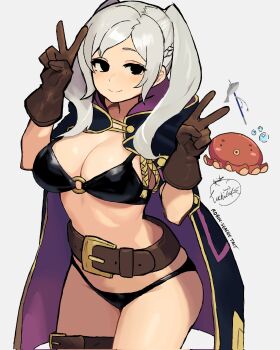 Rule 34 | 1girl, belt, bikini, black bikini, black cloak, black eyes, breasts, brown gloves, cleavage, cloak, double v, female robin (fire emblem), female robin (seaside tactician) (fire emblem), fire emblem, fire emblem awakening, fire emblem heroes, gloves, grey background, grey hair, hands up, highres, large breasts, leg belt, lunchiblz, nintendo, o-ring, o-ring bikini, octopus, official alternate costume, oversized belt, stomach, swimsuit, thick thighs, thighs, twintails, v