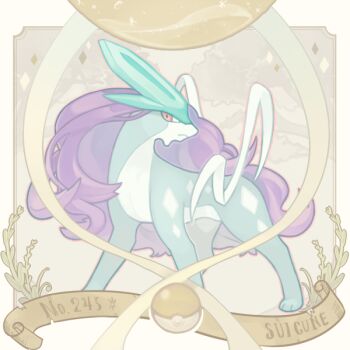 2014 all_fours blue_fur character_name commentary_request diamond_(shape) english_text fuchsia gen_2_pokemon legendary_pokemon long_hair looking_at_viewer nintendo numbered pokemon pokemon_(creature) purple_hair red_eyes solo standing suicune two-tone_fur very_long_hair white_fur