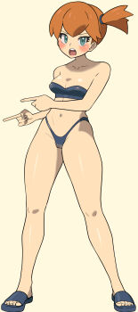 1girl asymmetrical_hair bare_arms bikini black_bikini blue_bikini blue_eyes blush breasts cleavage eyelashes feet green_eyes hair_tie highleg highleg_bikini highres index_fingers_raised knees looking_at_viewer misty_(pokemon) nail_polish navel nintendo open_mouth orange_hair pointing pokedance_(meme) pokemon pokemon_red/green/blue/yellow ponytail portrait raida_(fmuc5473) sandals shiny_skin short_hair side_ponytail solo standing strapless swimsuit teeth thighs toenails toes tongue upper_teeth_only