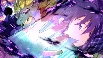 2boys armor black_armor black_hair blonde_hair digimon digimon_frontier evolution evolutionary_line henshin henshin_pose highres kato_(digiyuzu) kimura_kouichi louwemon multiple_boys purple_eyes short_hair shoulder_armor upper_body