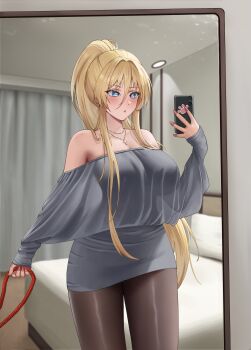 1girl absurdres alternate_costume alternate_hairstyle azur_lane bare_shoulders bed bed_sheet bedroom bismarck_(azur_lane) black_pantyhose blonde_hair blue_eyes blush breasts casual chinese_commentary cleavage clothing_request commentary_request cowboy_shot cross cross_necklace curtains fingernails hair_between_eyes high_ponytail highres holding holding_leash holding_phone indoors jewelry large_breasts leash long_fingernails long_hair long_sleeves mirror mirror_selfie necklace off-shoulder_shirt off_shoulder pantyhose parted_lips paw_print phone pillow pink_nails ponytail reflection selfie shirt sidelocks solo standing thighs xhxcw