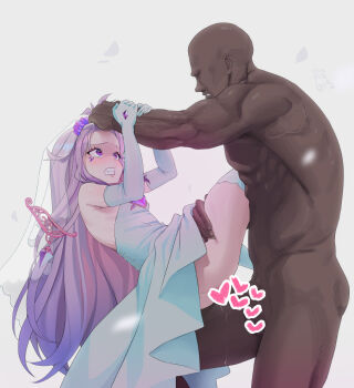 1boy 1girl alternate_costume bridal_veil bride censored chest_jewel clenched_teeth commentary dark-skinned_male dark_skin dress elbow_gloves gloves grabbing_another's_hair gradient_hair grey_hair heart heart_censor hetero holding_another's_hair hololive hololive_english koseki_bijou long_hair metal_wings multicolored_hair muscular muscular_male paid_reward_available purple_eyes purple_hair sex simple_background strapless strapless_dress symbol-only_commentary teeth thanabis veil virtual_youtuber wedding_dress white_background white_dress