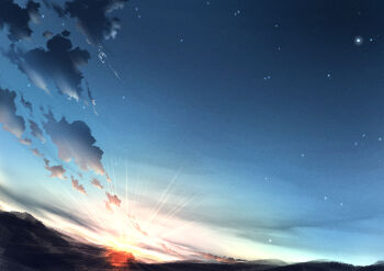 absurdres blue_sky cloud commentary_request highres light_rays mitsukasa mountainous_horizon no_humans original outdoors scenery sky sky_focus star_(sky) sun sunbeam sunlight sunset