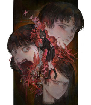 1boy 3girls absurdres black_hair black_sailor_collar black_shirt black_shoes black_skirt black_socks blood blood_on_face blunt_bangs body_horror closed_mouth commentary english_commentary eye_mask flower fox_hinako fox_mask frown hair_ribbon highres igarashi_sakuko iwai_shu kneehighs long_sleeves looking_at_viewer mask monster_arm multiple_girls nishida_rinko open_mouth outside_border parted_bangs pillarboxed red_eyes red_flower red_ribbon ribbon sailor_collar sakuko-like_entity school_uniform serafuku shimizu_hinako shirt shoes short_hair short_twintails si_(sitisi_28) silent_hill_(series) silent_hill_f skirt socks standing teeth torn_clothes torn_shirt torn_skirt twintails wide-eyed