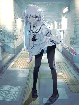 1girl akayama_yukihe arm_at_side ascot backlighting black_ascot black_pantyhose black_shoes blue_eyes blush clenched_hand closed_mouth clothes_lift commentary_request eyes_visible_through_hair food frown full_body hair_behind_ear hair_between_eyes hair_ornament hairclip highres holding holding_food holding_popsicle indoors jitome loafers long_hair looking_at_viewer miniskirt naruse_shiroha panties pantyhose parallel_hairclips photo_background popsicle puffy_short_sleeves puffy_sleeves sailor_collar school_uniform serafuku shadow shirt shoes short_sleeves skirt skirt_lift solo standing straight_hair summer_pockets summer_pockets_school_uniform underwear very_long_hair watermelon_bar white_hair white_panties white_sailor_collar white_serafuku white_shirt white_skirt wind wind_lift