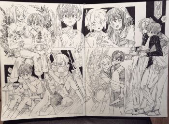 Rule 34 | 1girl, 2boys, absurdres, aged down, alternate costume, antenna hair, apron, aubrey (faraway) (omori), aubrey (omori), basil (faraway) (omori), basil (omori), blush, book, bow, cellphone, chinese commentary, closed mouth, collared shirt, commentary request, cooking pot, double-parted bangs, eyepatch, flower, flower pot, greyscale, hair between eyes, hair bow, hair flower, hair ornament, hand on another's shoulder, highres, holding, holding book, holding cooking pot, holding flower pot, holding knife, holding ladle, interlocked fingers, knife, ladle, long hair, long sleeves, looking at another, lower teeth only, monochrome, moonskysoon, multiple boys, omori, open mouth, pants, parted lips, phone, plant, potted plant, reading together, shirt, short hair, short sleeves, shorts, sidelocks, sitting, slippers, smartphone, smile, socks, speech bubble, spoilers, spoken squiggle, squiggle, sunny (omori), sweater, sweater vest, t-shirt, teeth, traditional media, turtleneck, turtleneck sweater, upper teeth only