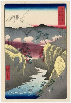 19th_century 5boys ando_hiroshige bird blue_sky boulder carrying_over_shoulder cliff cloud facing_away fine_art_parody flock gradient_sky hat highres japan japanese_clothes kimono mount_fuji mountain multiple_boys nihonga original outdoors parody red_leaf red_sky river scenery sky straw_hat thirty-six_views_of_mount_fuji_(hiroshige) traditional_media translation_request tree ukiyo-e volcano walking water white_sky