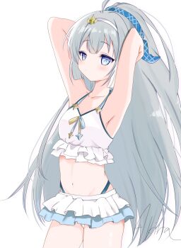 1girl ahoge akira_(aki_raoo) arm_behind_head arm_strap armpits arms_up bare_shoulders bikini bikini_ribbon blue_eyes blue_hairband blush breasts collarbone commentary_request feet female_tyrant_(stella_sora) female_tyrant_(swimsuit)_(stella_sora) frilled_bikini frills grey_hair hair_ornament hairband halterneck highres key long_hair looking_at_viewer navel official_alternate_costume ribbon simple_background small_breasts solo star_(symbol) stella_sora stomach sweat swimsuit symbol-shaped_pupils thigh_strap thighs toes two-tone_ribbon tyrant_(stella_sora) very_long_hair white_background white_bikini