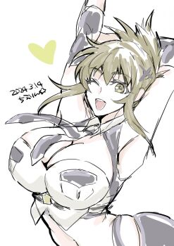 1girl 2024 arms_up artist_name black_necktie black_panties black_skirt breasts brown_eyes brown_hair cleavage cleavage_cutout clothing_cutout cropped_shirt dated female_focus hair_behind_ear heart highres kisaragi_chitose large_breasts looking_at_viewer matching_hair/eyes midriff navel necktie one_eye_closed open_mouth panties shirt skindentation skirt smile solo stretching super_robot_wars super_robot_wars_v thong underwear white_shirt wink yanada_kiyorin