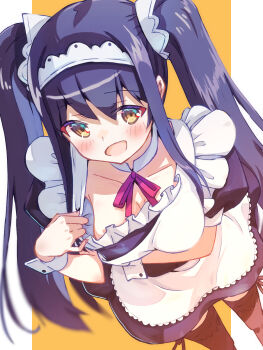 1girl :d akayama_yukihe apron apron_pull arm_under_breasts black_dress black_hair black_thighhighs blush breasts cleavage clothes_pull collarbone commentary_request detached_collar downblouse dress dutch_angle feet_out_of_frame foreshortening frilled_apron frills hair_between_eyes hand_up highres kushima_kamome large_breasts long_hair looking_at_viewer maid maid_apron maid_headdress neck_ribbon official_alternate_costume official_alternate_hairstyle open_mouth orange_background puffy_short_sleeves puffy_sleeves pulling_own_clothes red_ribbon ribbon short_dress short_sleeves sidelocks simple_background smile solo standing straight_hair summer_pockets thighhighs twintails very_long_hair white_apron white_wrist_cuffs wrist_cuffs yellow_eyes