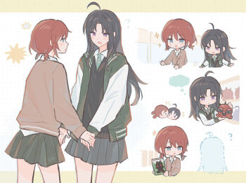 2girls :d ? ahoge artist_request awa_subaru black_hair black_sweater blue_eyes blush brown_jacket chibi collared_shirt dress_shirt flying_sweatdrops girls_band_cry green_jacket grey_skirt hair_between_eyes hashtag-only_commentary highres iseri_nina jacket long_hair low_twintails medium_hair miniskirt motion_lines multiple_girls multiple_views open_clothes open_jacket open_mouth pleated_skirt purple_eyes red_hair shirt sidelocks skirt smile sparkle speech_bubble sweater thought_bubble twintails white_background white_shirt yellow_background yuri