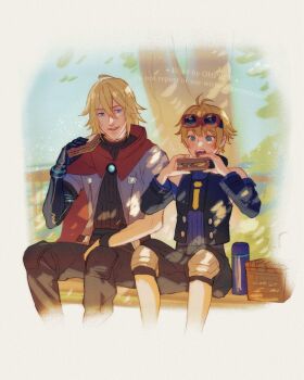 2boys ahoge blonde_hair blue_eyes blush cape cropped_legs detached_sleeves eating father_and_son food goggles goggles_on_head highres mechanical_arms multiple_boys nikol_(xenoblade) ohprcr open_mouth picnic_basket sandwich shade shorts shulk_(xenoblade) single_mechanical_arm sitting smile thermos tree xenoblade_chronicles_(series) xenoblade_chronicles_3 xenoblade_chronicles_3:_future_redeemed