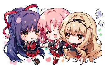 Rule 34 | 1boy, 2girls, anger vein, black bow, black jacket, black shoes, blush, boots, bow, brown boots, capelet, chibi, chibi only, closed mouth, collared shirt, fujisaki nadeshiko, full body, grabbing another's arm, hair bow, hair ribbon, hashtag-only commentary, highres, hinamori amu, jacket, lace-up boots, long hair, long sleeves, mashiro rima, multiple girls, necktie, open clothes, open jacket, open mouth, orange eyes, pink hair, plaid capelet, plaid clothes, plaid skirt, plaid socks, pleated skirt, ponytail, pudding (skymint 028), puff of air, purple hair, red capelet, red necktie, red ribbon, red skirt, red socks, ribbon, school uniform, seiyo academy school uniform, shirt, shoes, short hair, shugo chara!, simple background, skirt, socks, standing, unmoving pattern, white background, white shirt, wing collar